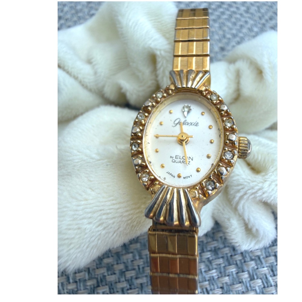 Galaxie by Elgin GE036 Gold Tone Rhinestone Oval Cocktail Watch Stretch Band
